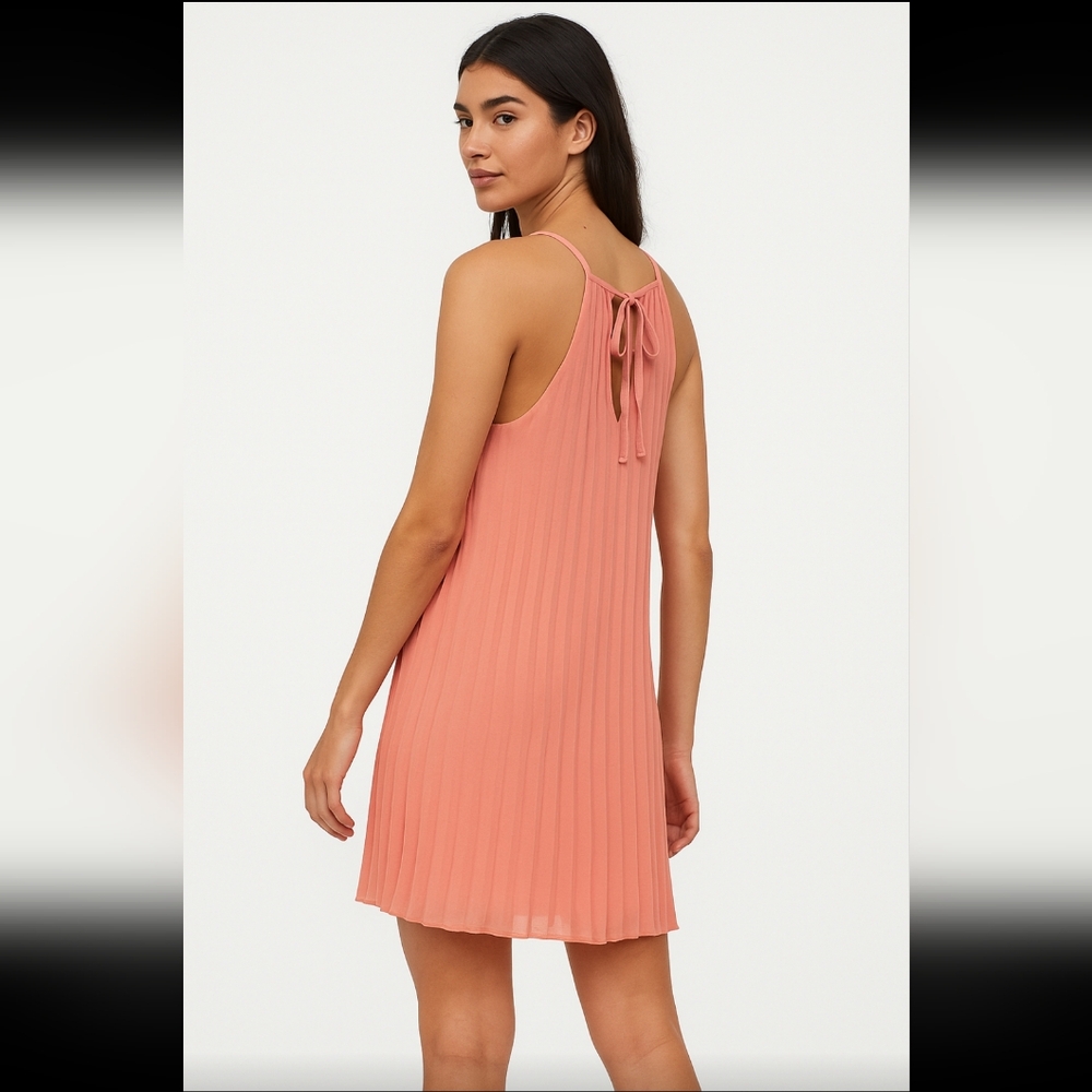 Ellames Women’s Pleated Lined Spaghetti Strap Midi Dress Pink Peach M